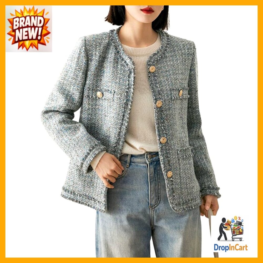 Tweed Blazer Collarless Button Down Classic Offic… - image 1